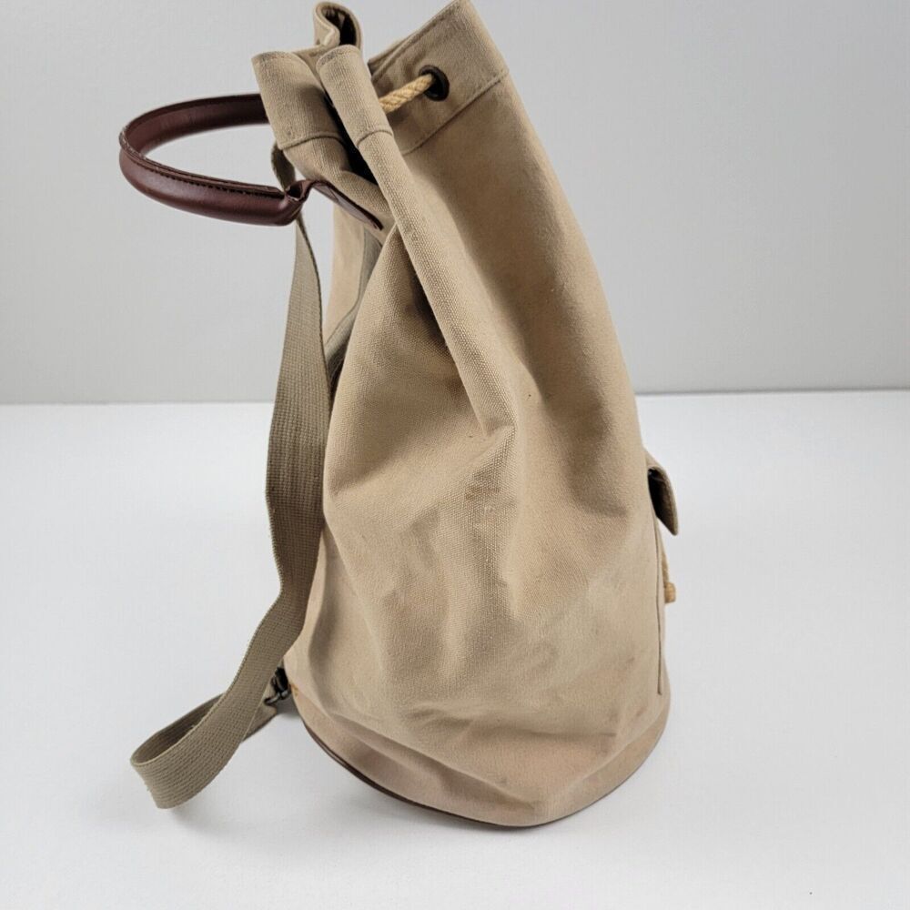 Vintage 90s Ralph Lauren Canvas Drawstring Bucket Bag Backpack Khaki Distressed - Picture 3 of 15